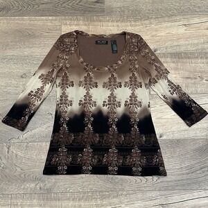 Axcess Women Mesh Top Size S Brown Black‎ Ombre Damask 3/4 Sleeve Y2K Whimsigoth